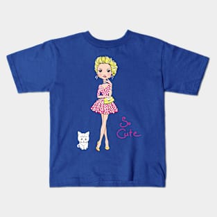 Pop Art girl in dress with cat Kids T-Shirt